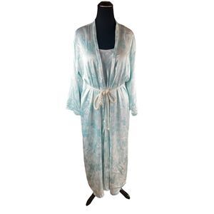 Oscar de la renta pink label cami nighty robe set blue floral rope M/L